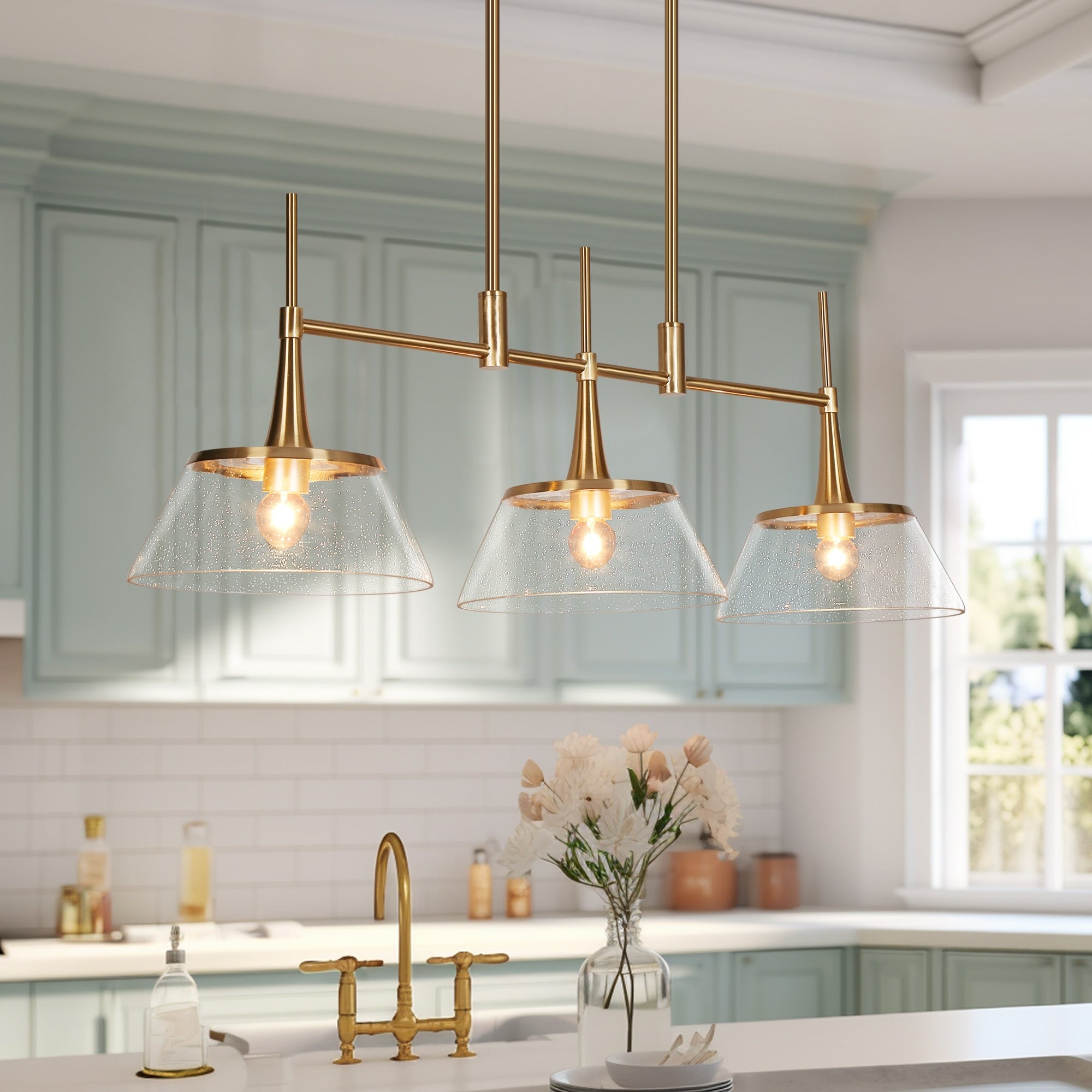Lustre moderne Mola en verre grainé doré à 3 lumières, luminaire suspendu linéaire pour salle à manger