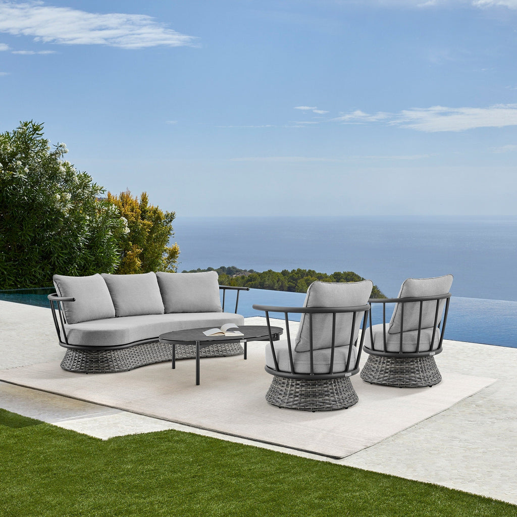 Ensemble de salon de jardin moderne Monk en osier gris et aluminium, 4 pièces, avec chaises pivotantes