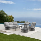 Ensemble de salon de jardin moderne Monk en osier gris et aluminium, 4 pièces, avec chaises pivotantes
