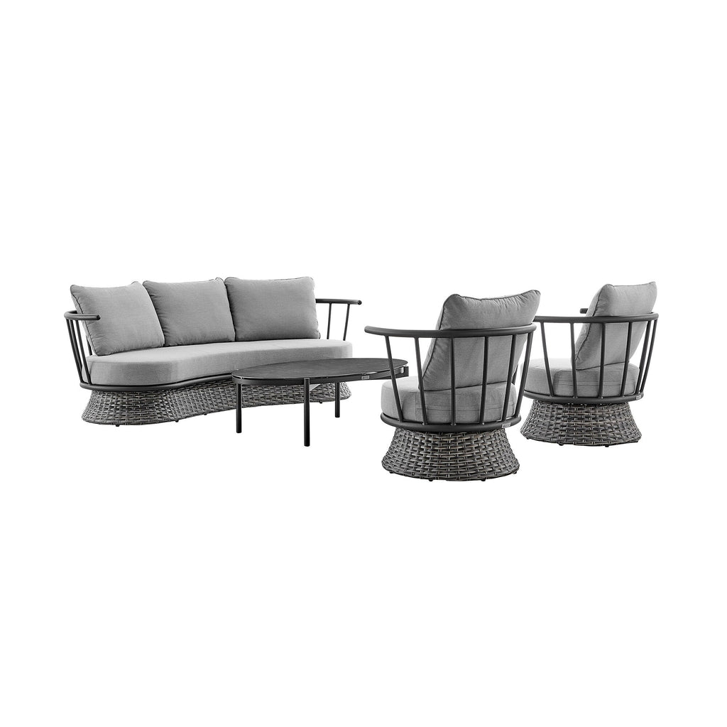 Ensemble de salon de jardin moderne Monk en osier gris et aluminium, 4 pièces, avec chaises pivotantes