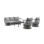 Ensemble de salon de jardin moderne Monk en osier gris et aluminium, 4 pièces, avec chaises pivotantes