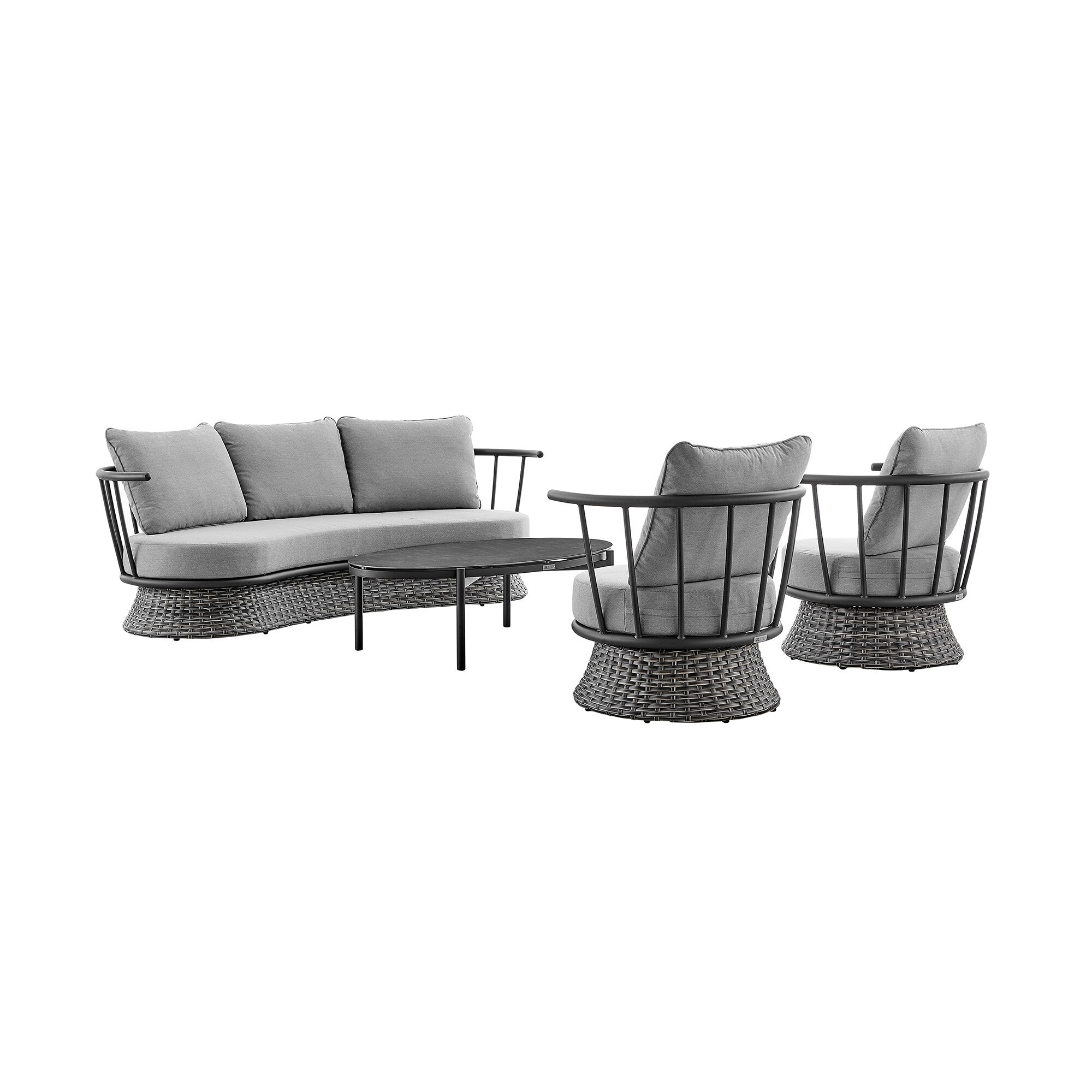 Ensemble de salon de jardin moderne Monk en osier gris et aluminium, 4 pièces, avec chaises pivotantes