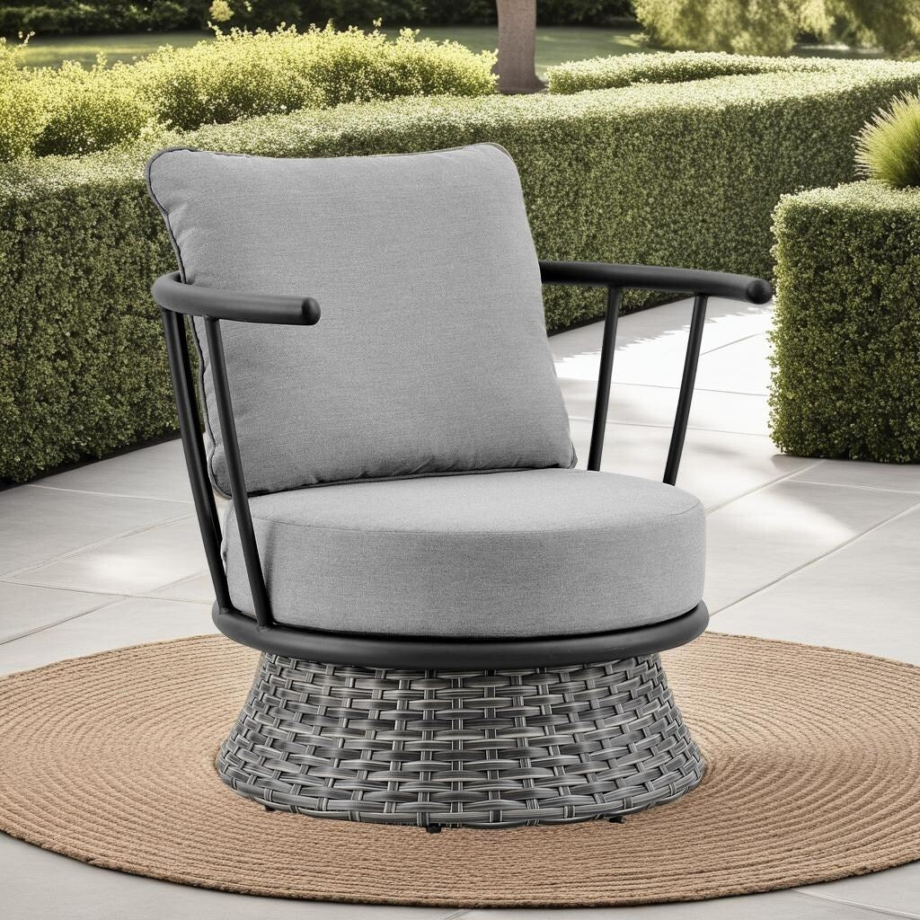 Ensemble de salon de jardin moderne Monk en osier gris et aluminium, 4 pièces, avec chaises pivotantes