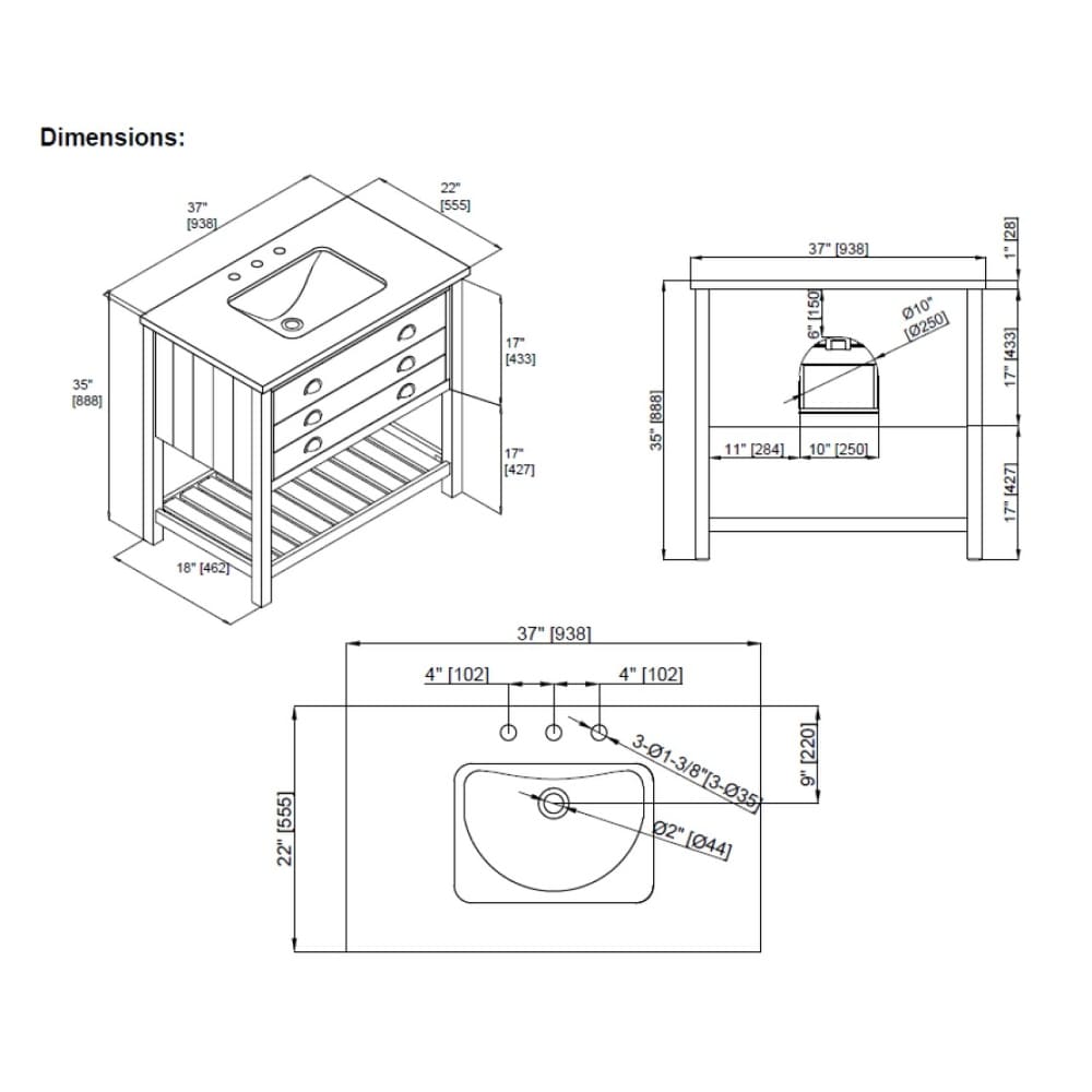 Meuble-lavabo simple de style ferme Monterey 37 avec dessus