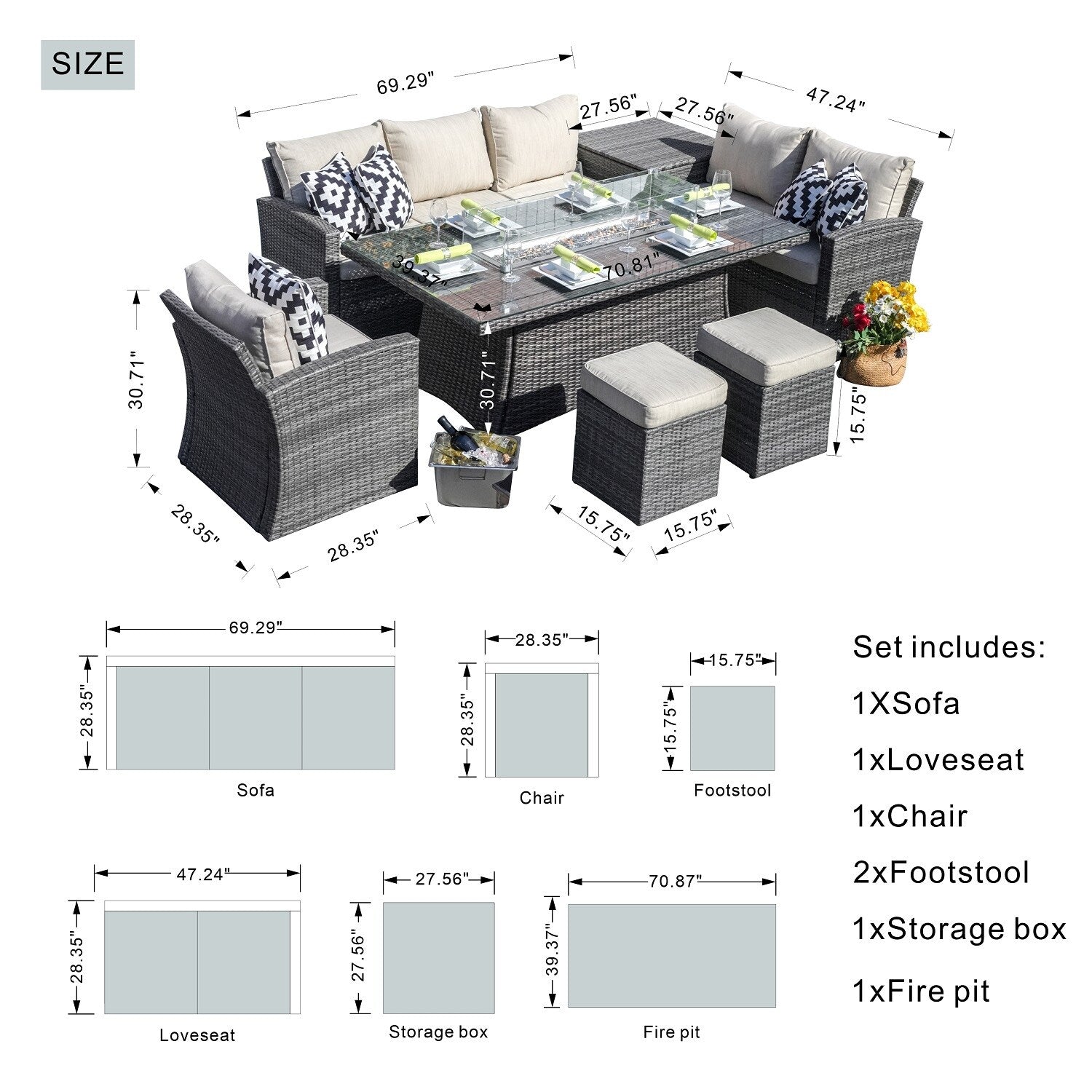 Ensemble de salle à manger d'extérieur Morden en osier et acier, 7 pièces, avec foyer et table de conversation