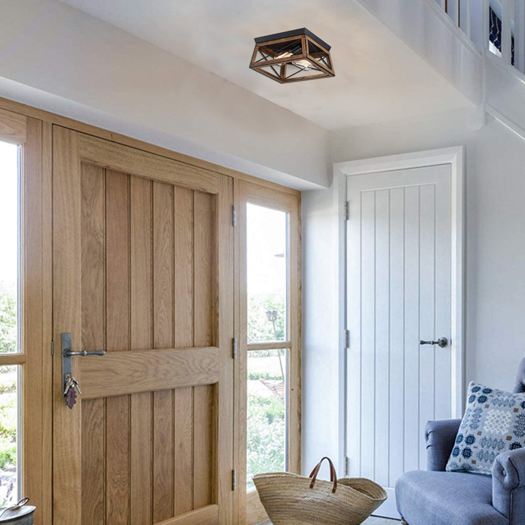 Plafonnier Mousse 12 po L. à 2 lumières avec finition noir mat et accents en bois de grange
