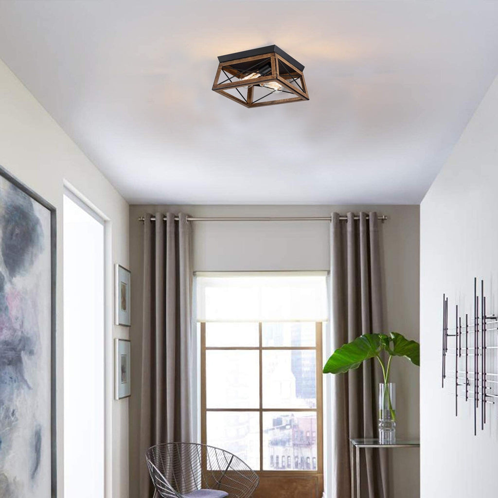 Plafonnier Mousse 12 po L. à 2 lumières avec finition noir mat et accents en bois de grange