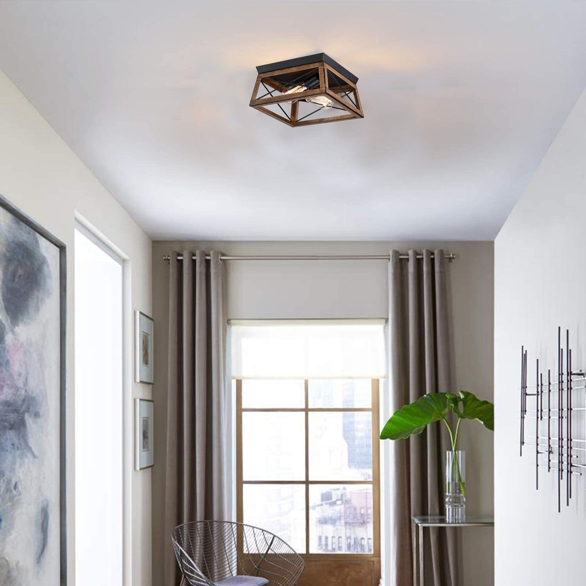 Plafonnier Mousse 12 po L. à 2 lumières avec finition noir mat et accents en bois de grange