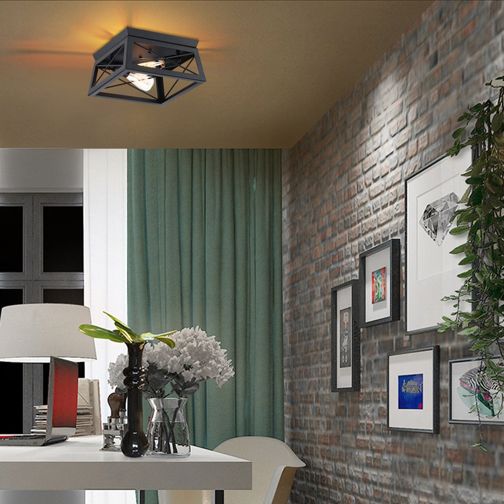 Plafonnier Mousse 12 po L. à 2 lumières avec finition noir mat et accents en bois de grange