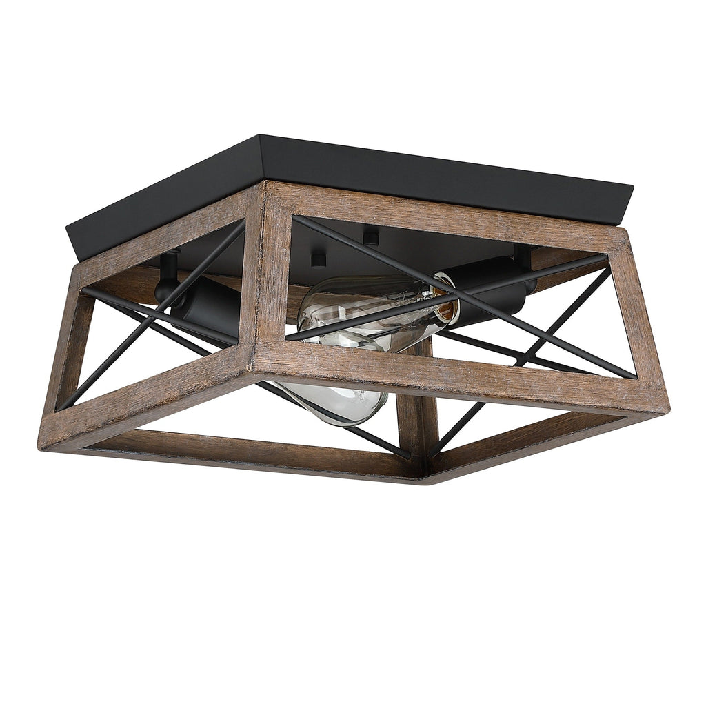 Plafonnier Mousse 12 po L. à 2 lumières avec finition noir mat et accents en bois de grange