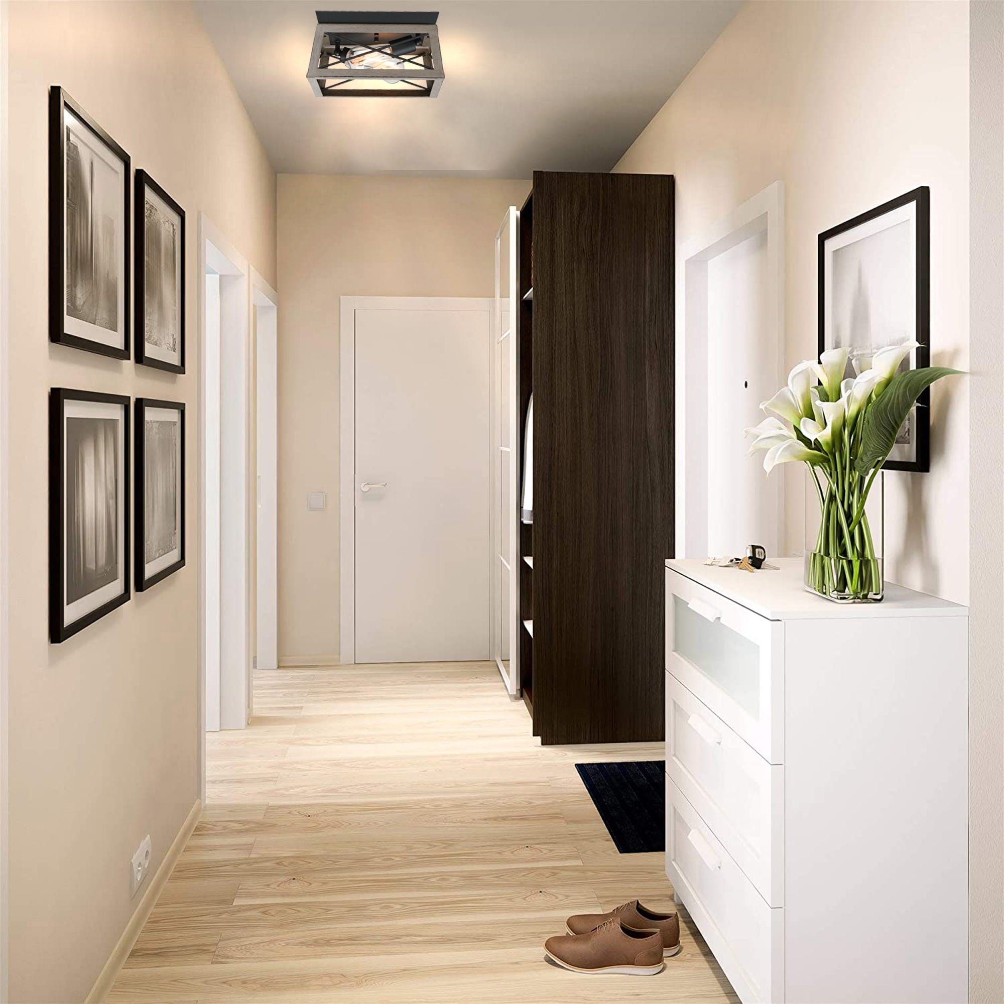 Plafonnier Mousse 12 po L. à 2 lumières avec finition noir mat et accents en bois de grange