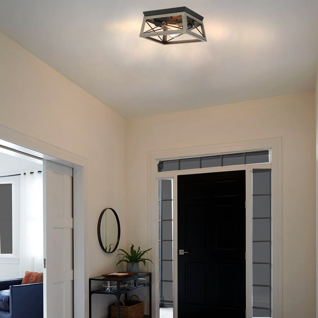 Plafonnier Mousse 12 po L. à 2 lumières avec finition noir mat et accents en bois de grange