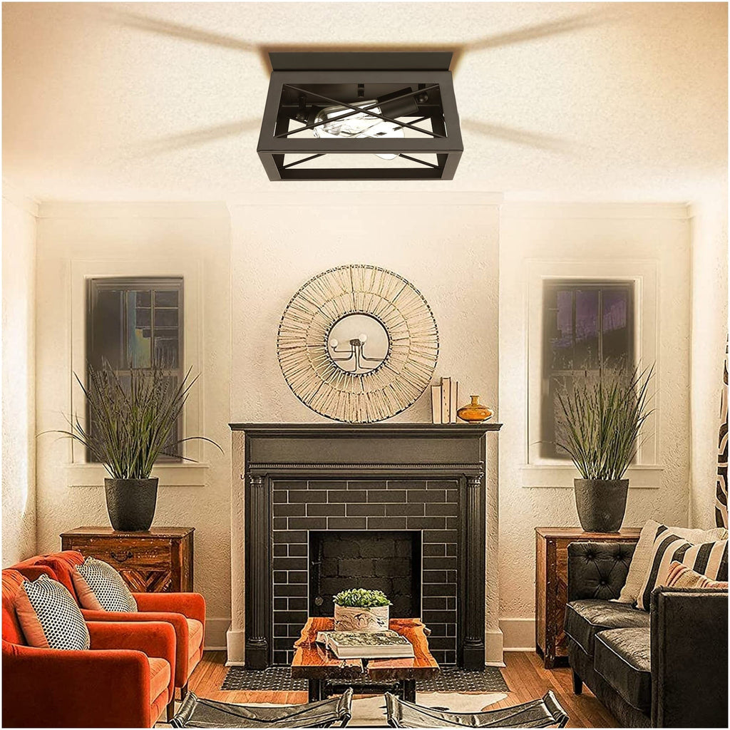 Plafonnier Mousse 12 po L. à 2 lumières avec finition noir mat et accents en bois de grange
