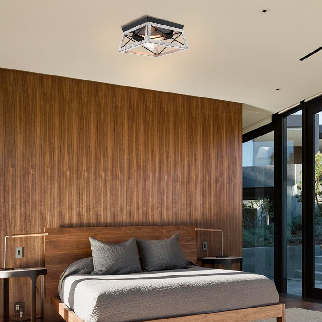 Plafonnier Mousse 12 po L. à 2 lumières avec finition noir mat et accents en bois de grange