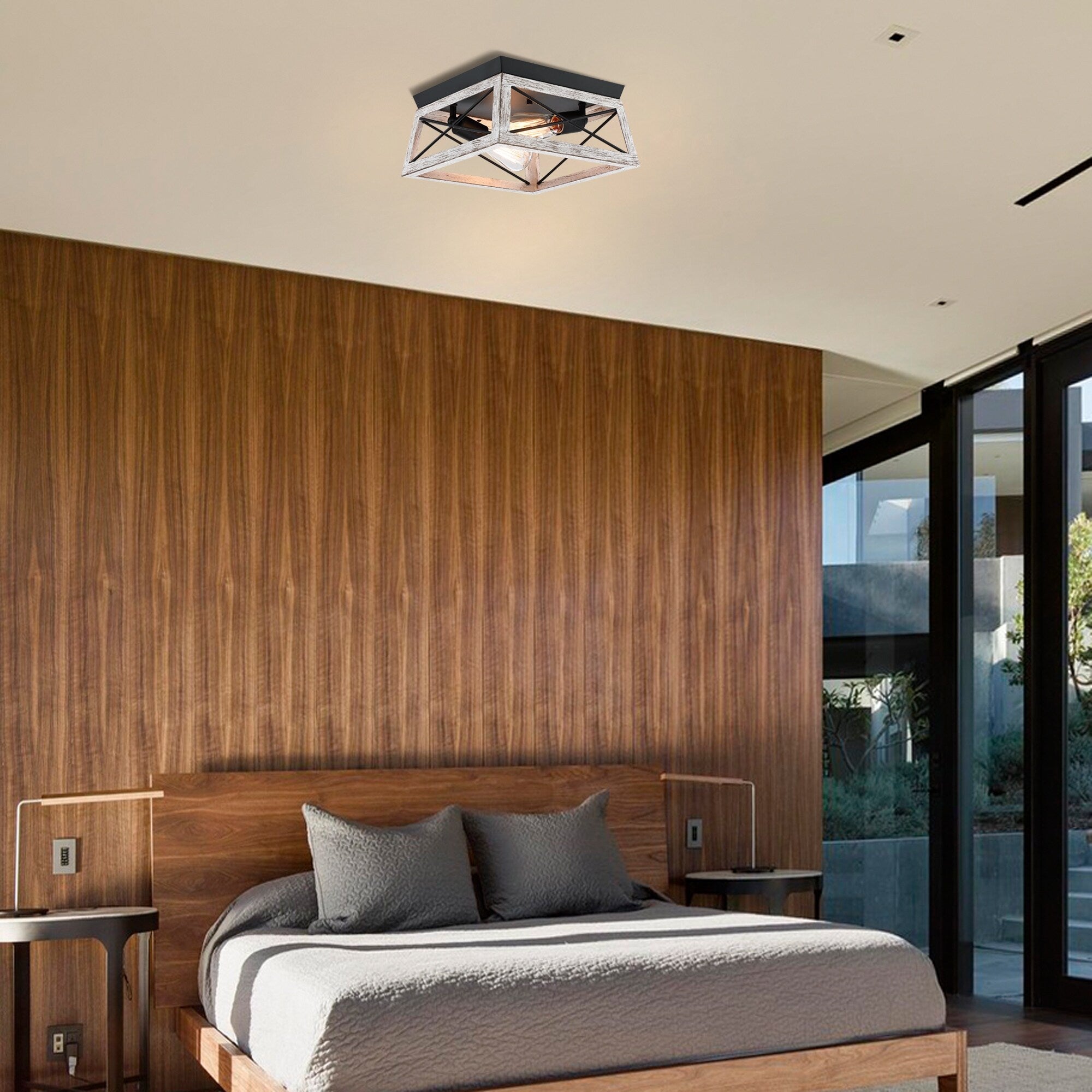Plafonnier Mousse 12 po L. à 2 lumières avec finition noir mat et accents en bois de grange
