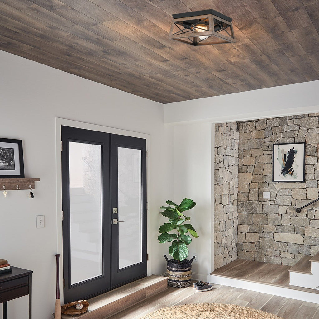 Plafonnier Mousse 12 po L. à 2 lumières avec finition noir mat et accents en bois de grange