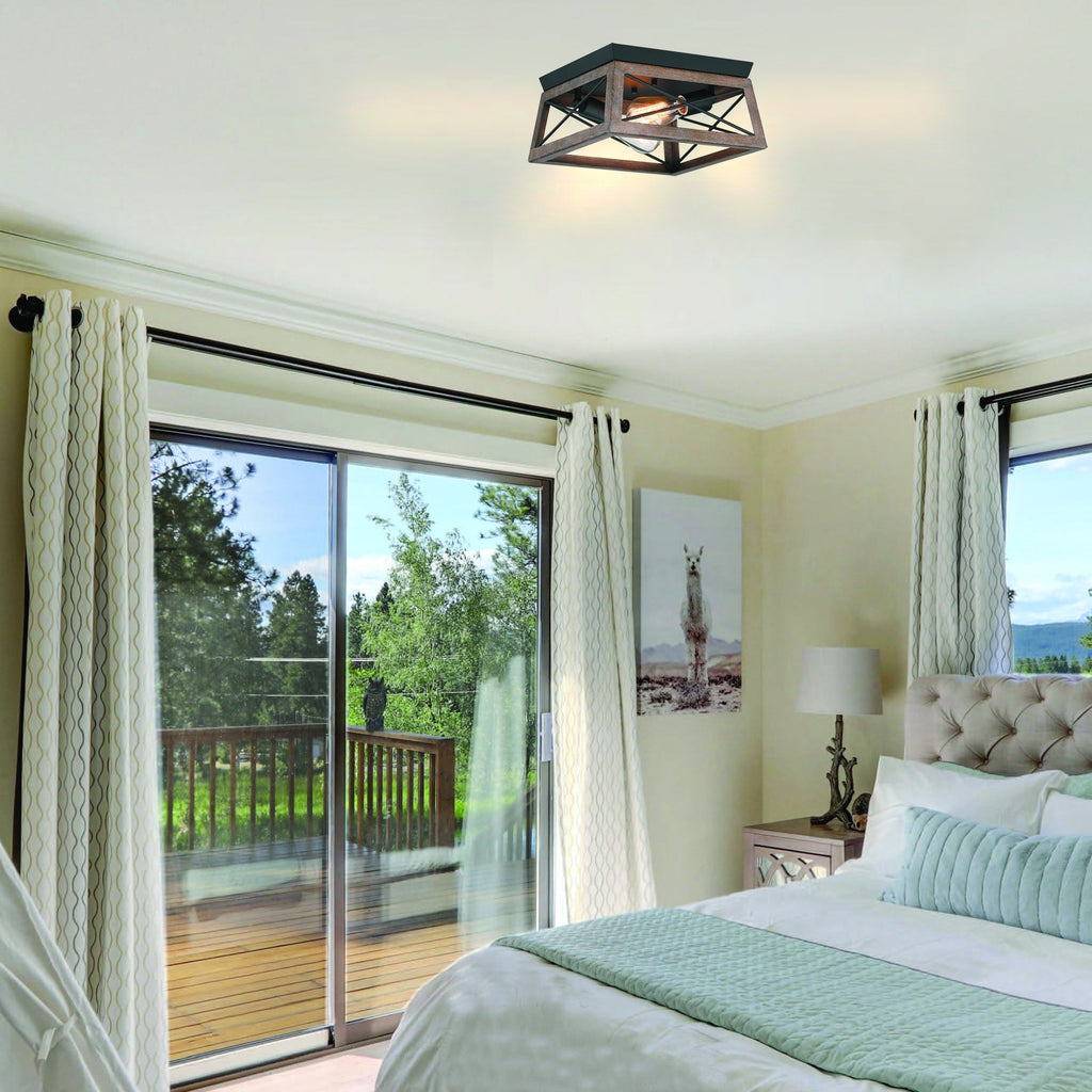 Plafonnier Mousse 12 po L. à 2 lumières avec finition noir mat et accents en bois de grange