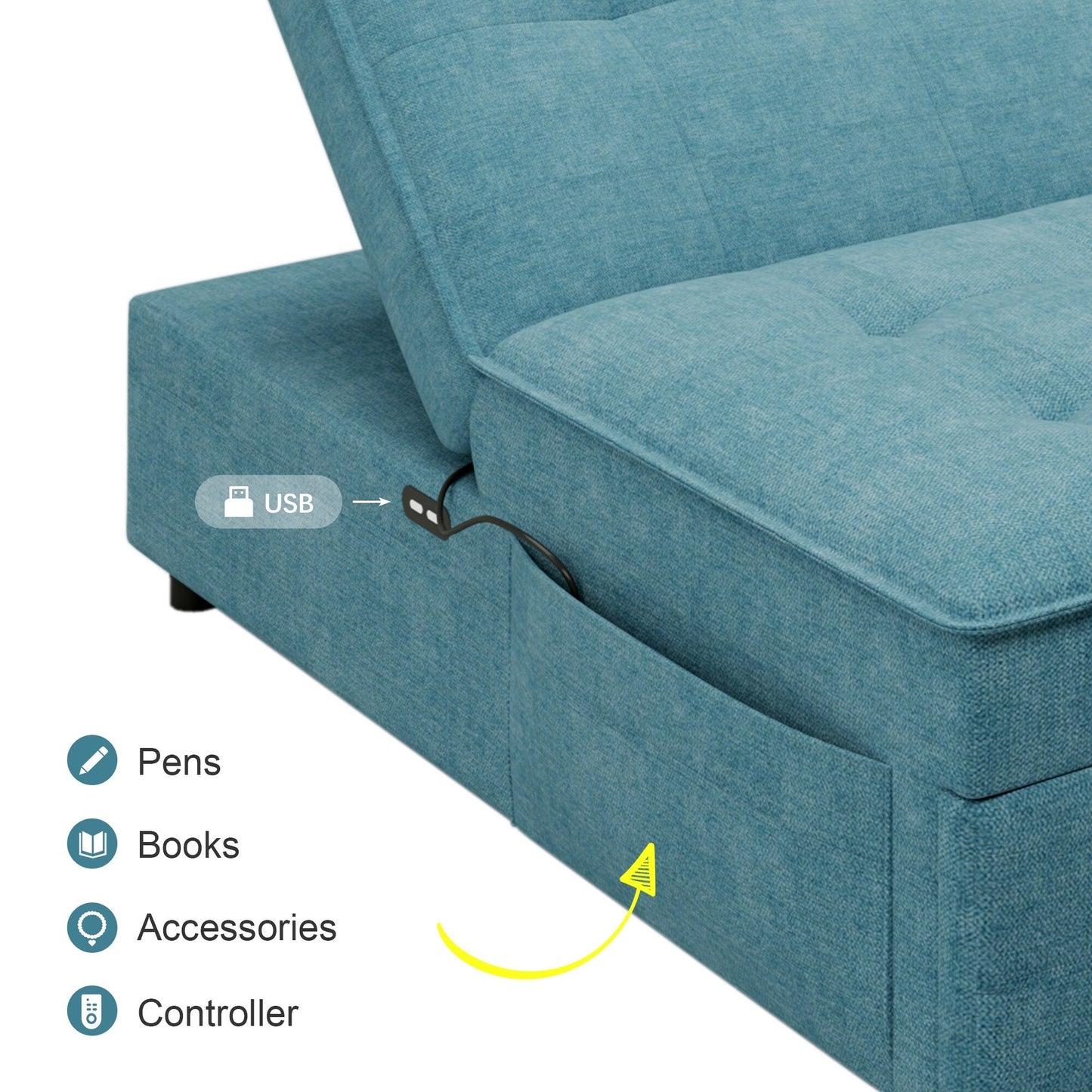Canapé-lit ottoman multifonction 4 en 1 en lin de 72,5 pouces avec poche de rangement et port USB pour le salon