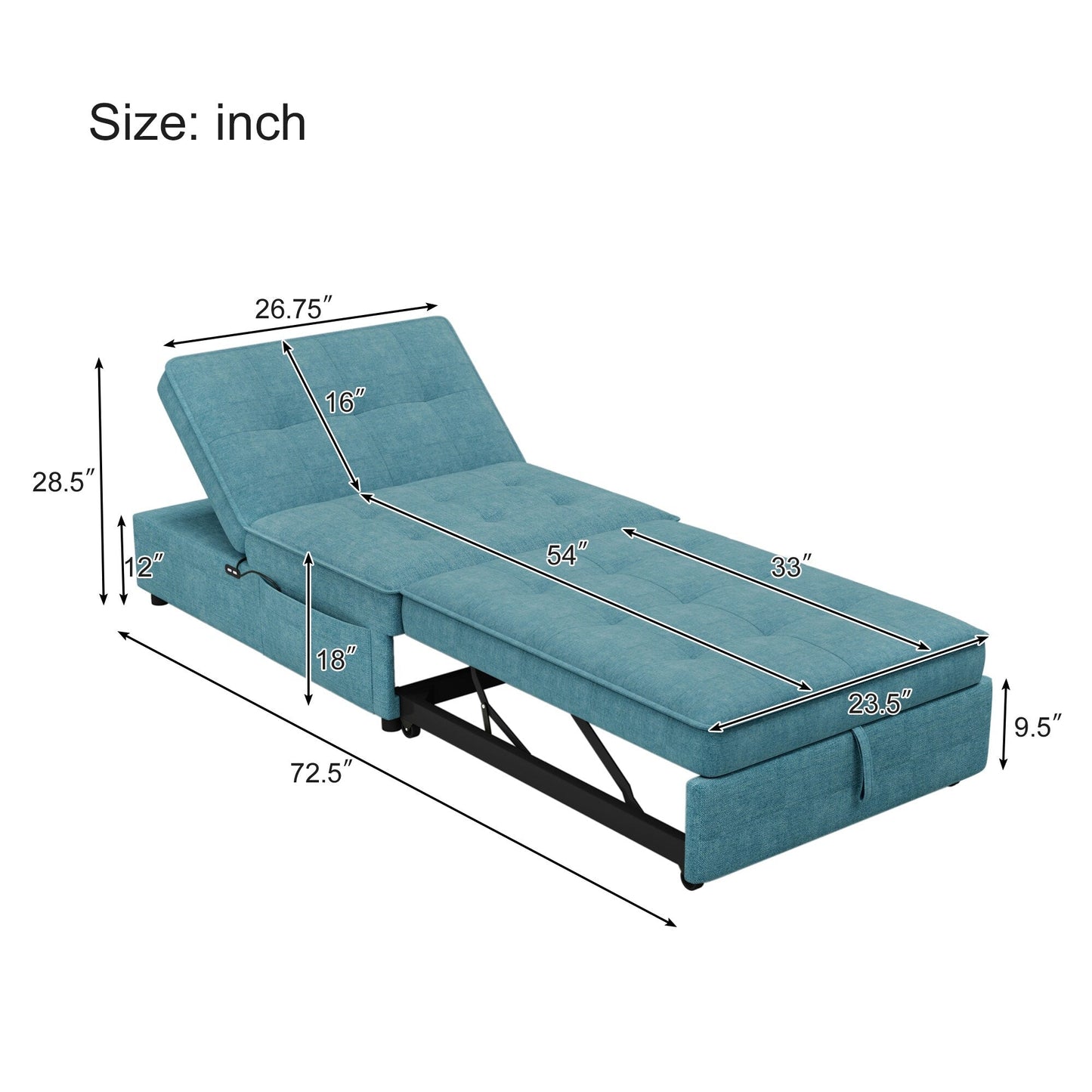 Canapé-lit ottoman multifonction 4 en 1 en lin de 72,5 pouces avec poche de rangement et port USB pour le salon