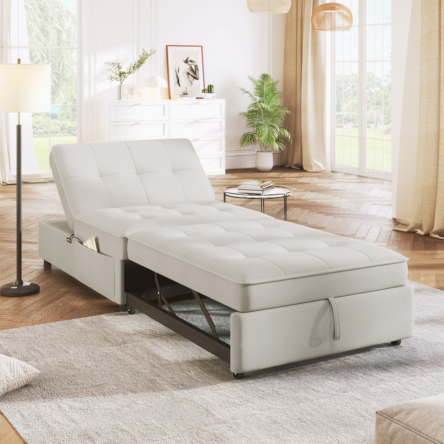 Canapé-lit ottoman multifonction 4 en 1 en lin de 72,5 pouces avec poche de rangement et port USB pour le salon