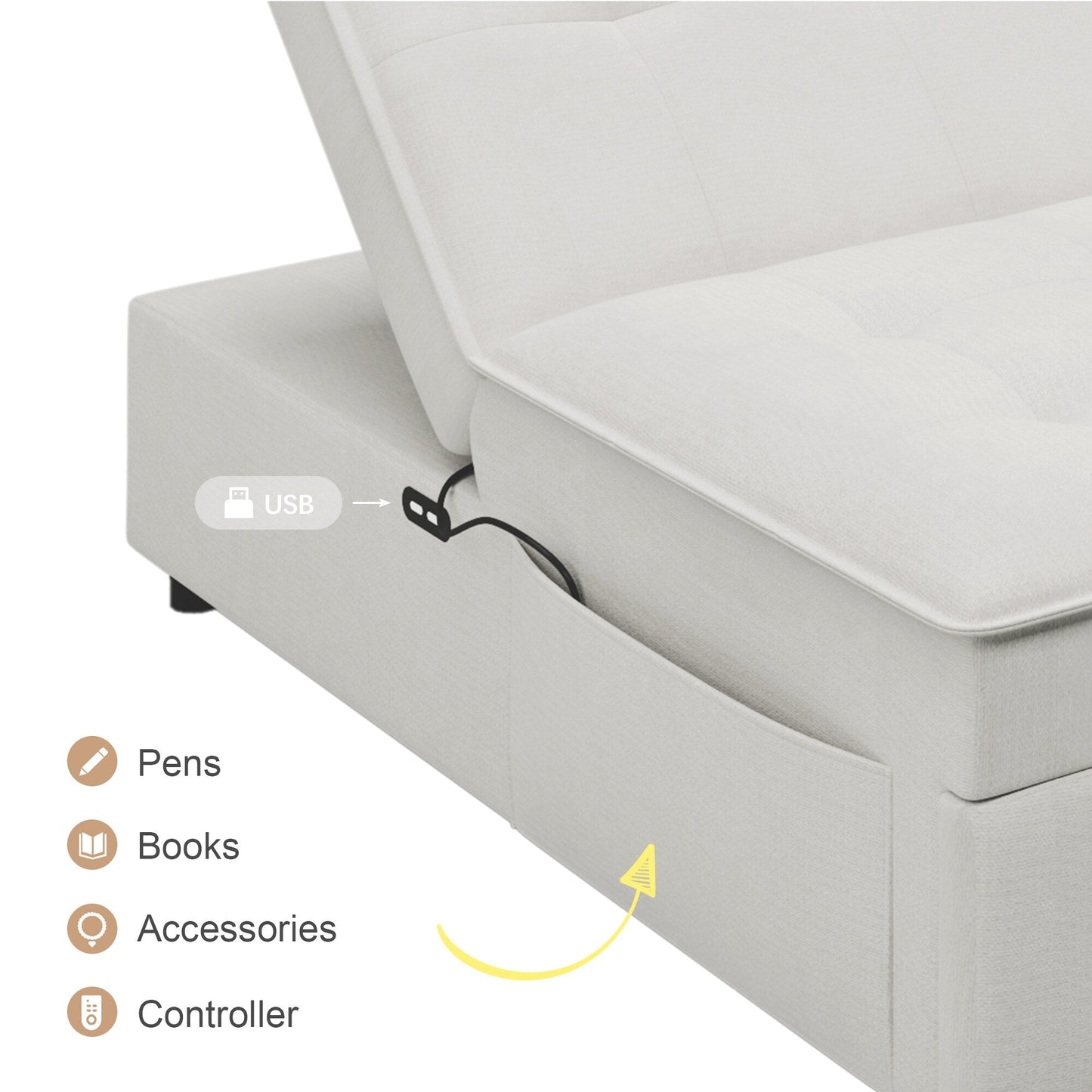 Canapé-lit ottoman multifonction 4 en 1 en lin de 72,5 pouces avec poche de rangement et port USB pour le salon