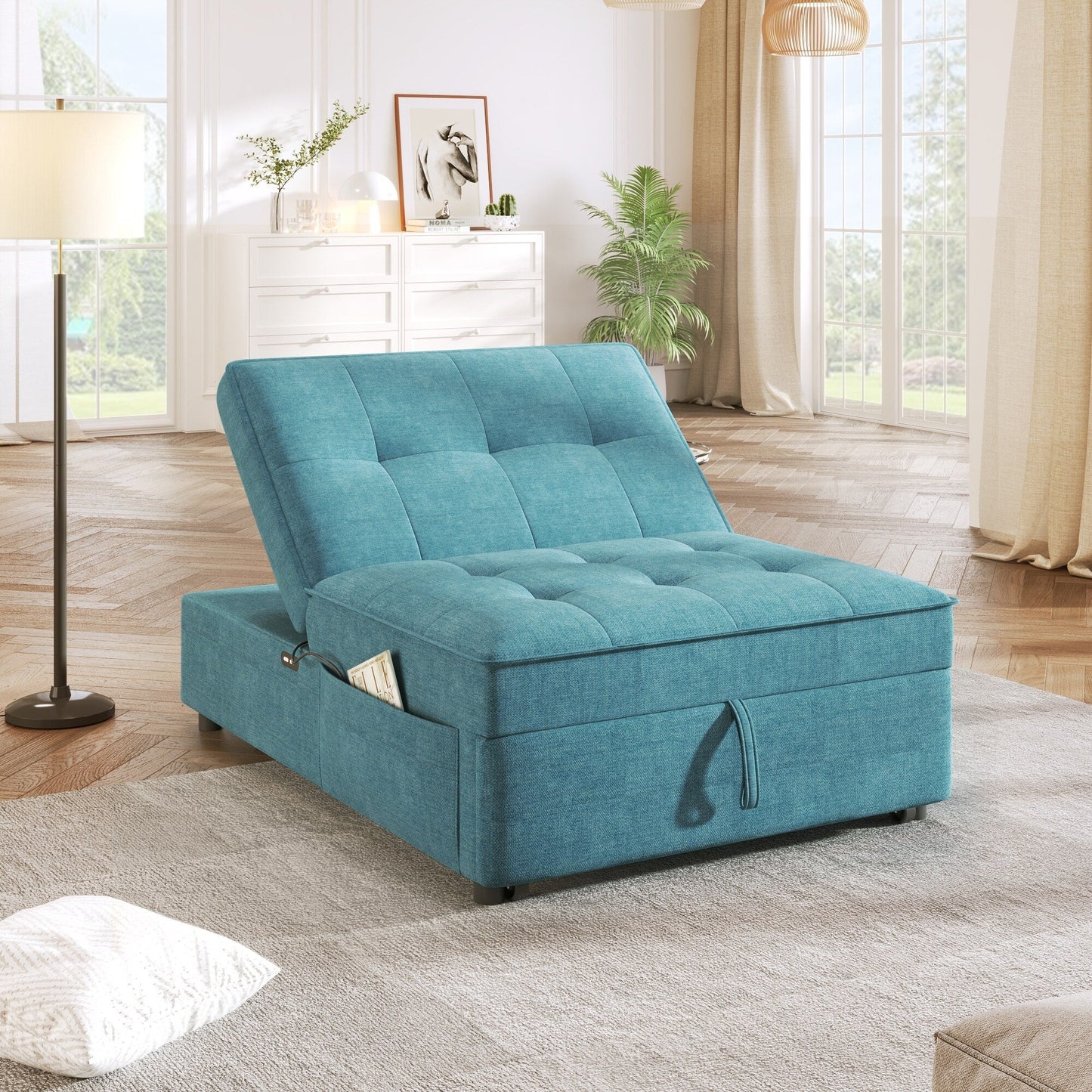 Canapé-lit ottoman multifonction 4 en 1 en lin de 72,5 pouces avec poche de rangement et port USB pour le salon