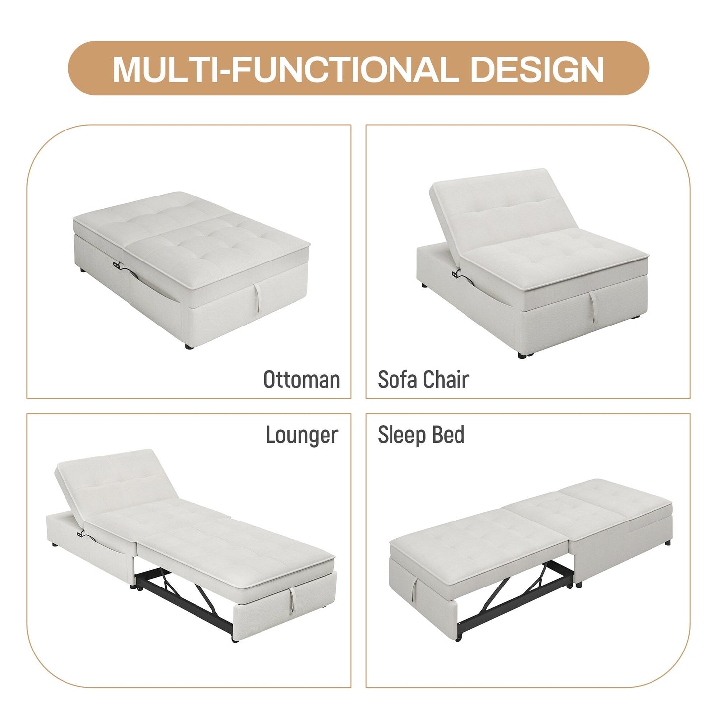 Canapé-lit ottoman multifonction 4 en 1 en lin de 72,5 pouces avec poche de rangement et port USB pour le salon
