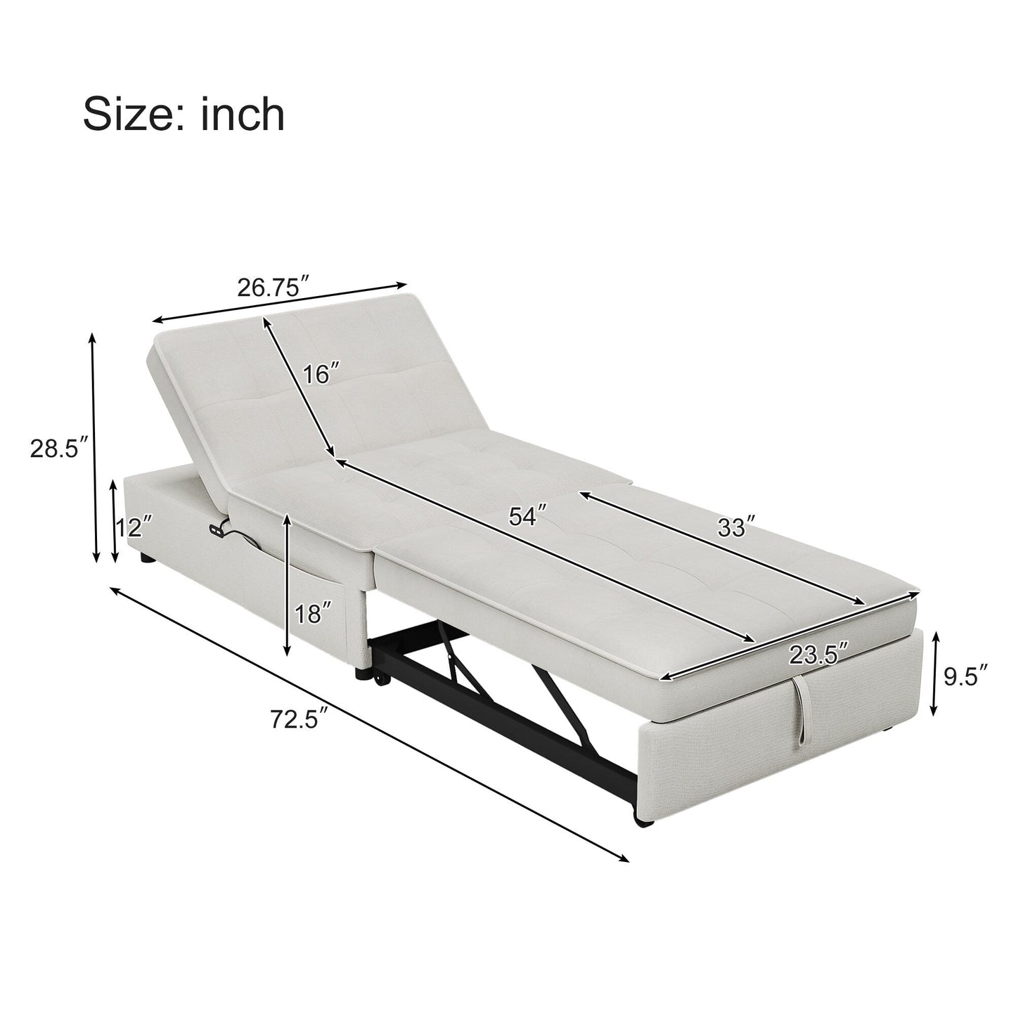 Canapé-lit ottoman multifonction 4 en 1 en lin de 72,5 pouces avec poche de rangement et port USB pour le salon
