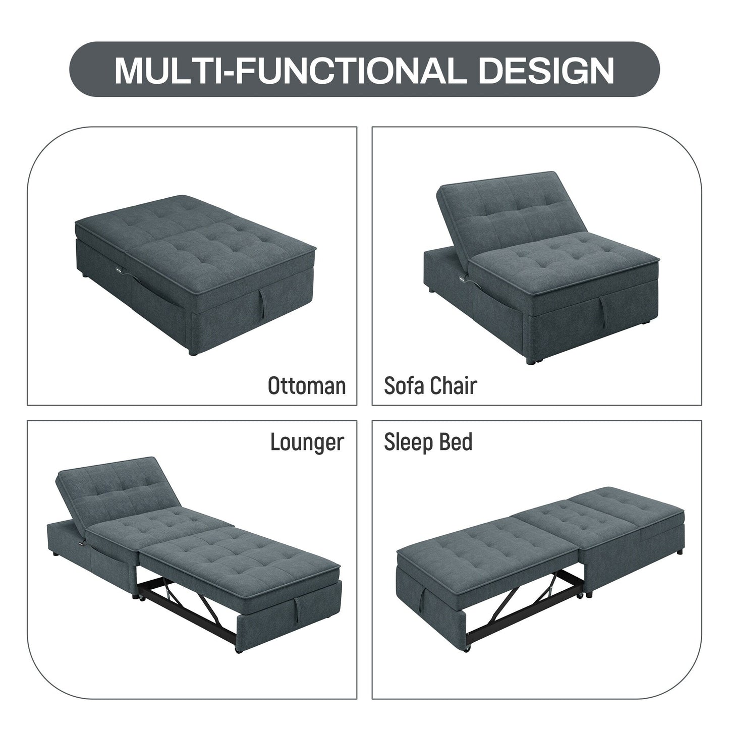 Canapé-lit ottoman multifonction 4 en 1 en lin de 72,5 pouces avec poche de rangement et port USB pour le salon