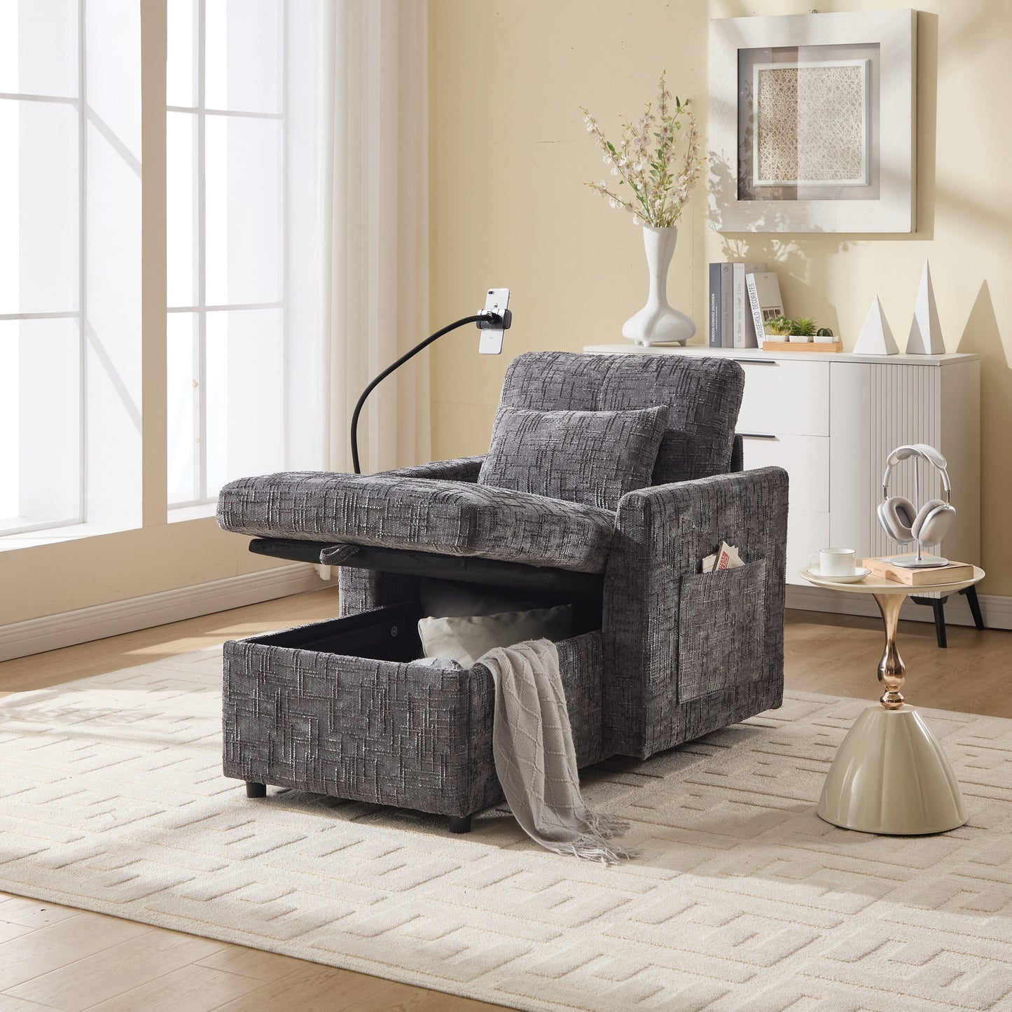 Canapé inclinable multifonctionnel pour personne paresseuse, dossier de rangement avec support pour téléphone portable, chaise de loisirs simple en chenille