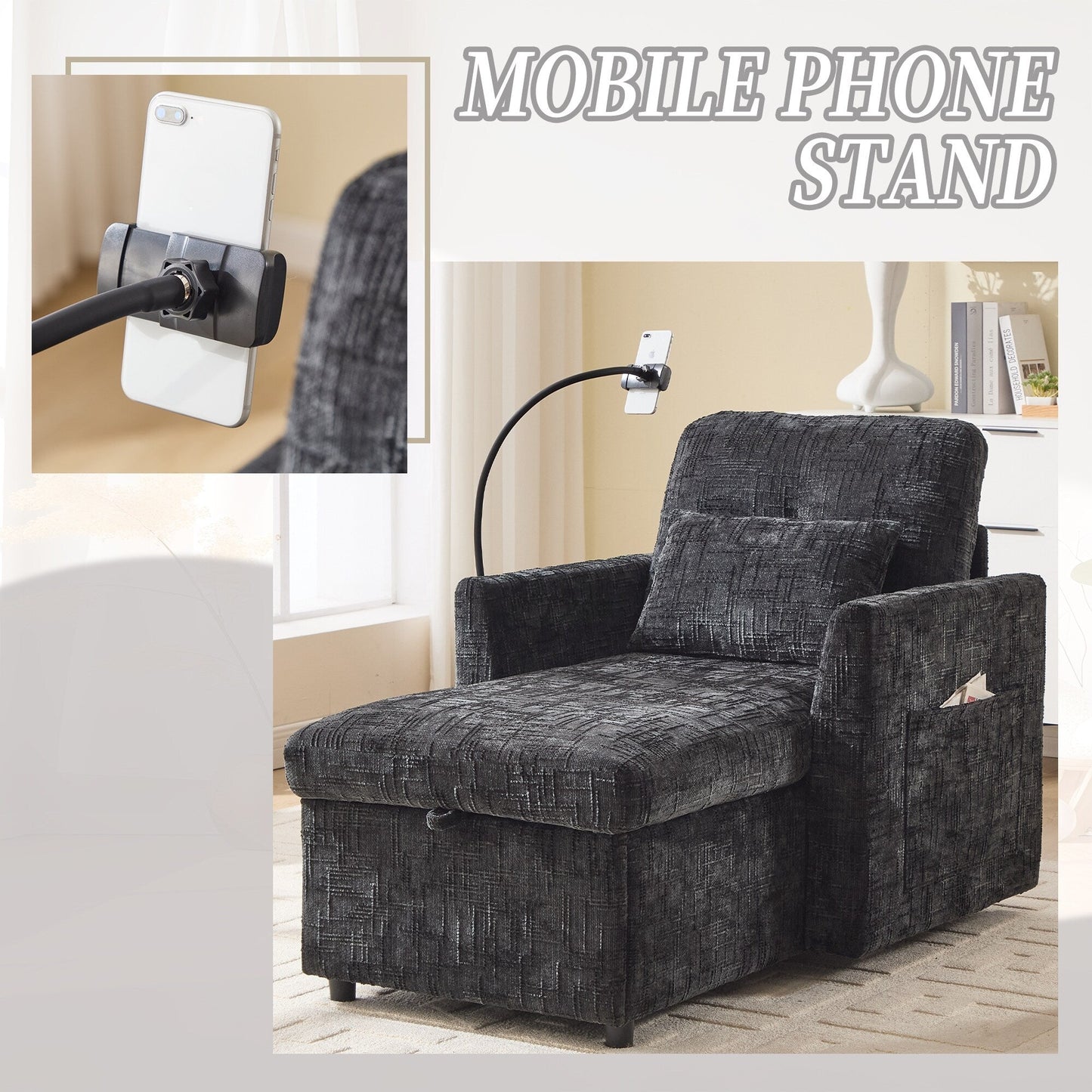 Canapé inclinable multifonctionnel pour personne paresseuse, dossier de rangement avec support pour téléphone portable, chaise de loisirs simple en chenille