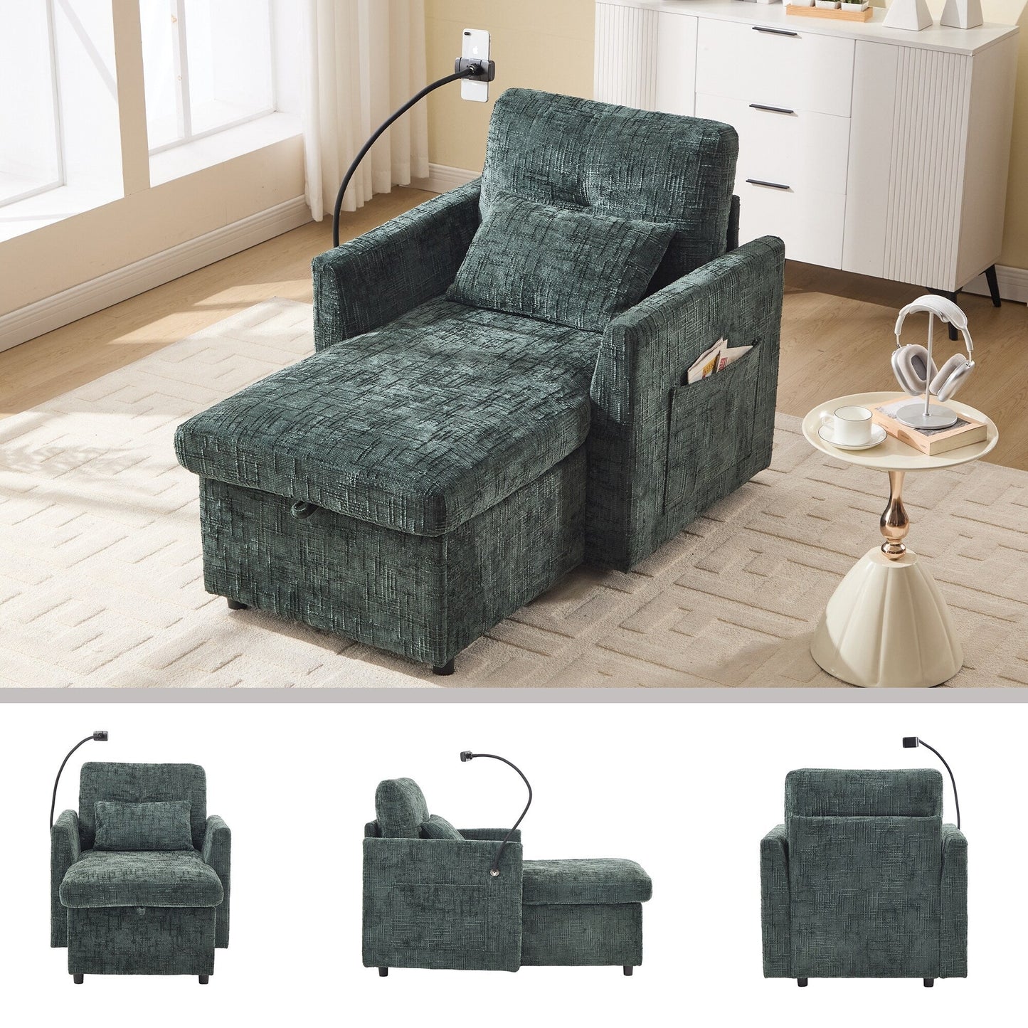Canapé inclinable multifonctionnel pour personne paresseuse, dossier de rangement avec support pour téléphone portable, chaise de loisirs simple en chenille