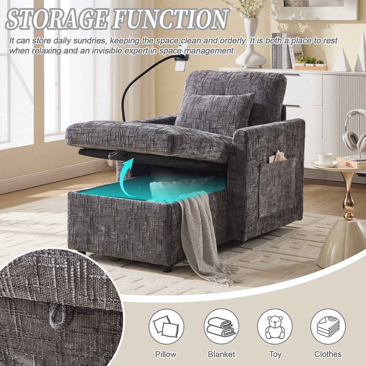 Canapé inclinable multifonctionnel pour personne paresseuse, dossier de rangement avec support pour téléphone portable, chaise de loisirs simple en chenille