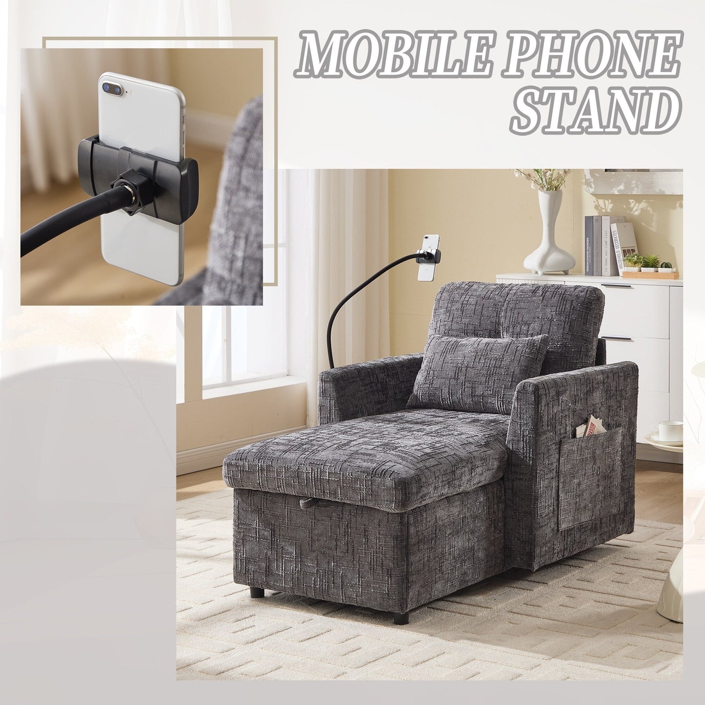 Canapé inclinable multifonctionnel pour personne paresseuse, dossier de rangement avec support pour téléphone portable, chaise de loisirs simple en chenille