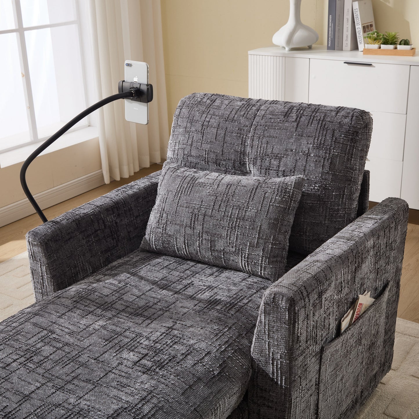 Canapé inclinable multifonctionnel pour personne paresseuse, dossier de rangement avec support pour téléphone portable, chaise de loisirs simple en chenille