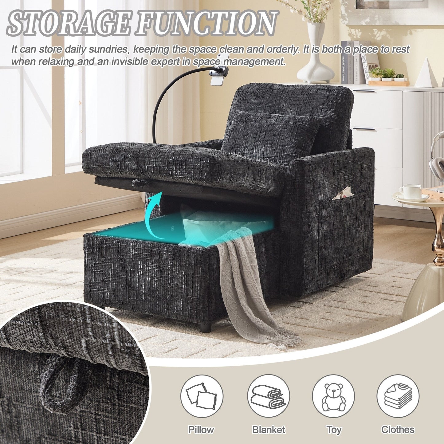 Canapé inclinable multifonctionnel pour personne paresseuse, dossier de rangement avec support pour téléphone portable, chaise de loisirs simple en chenille