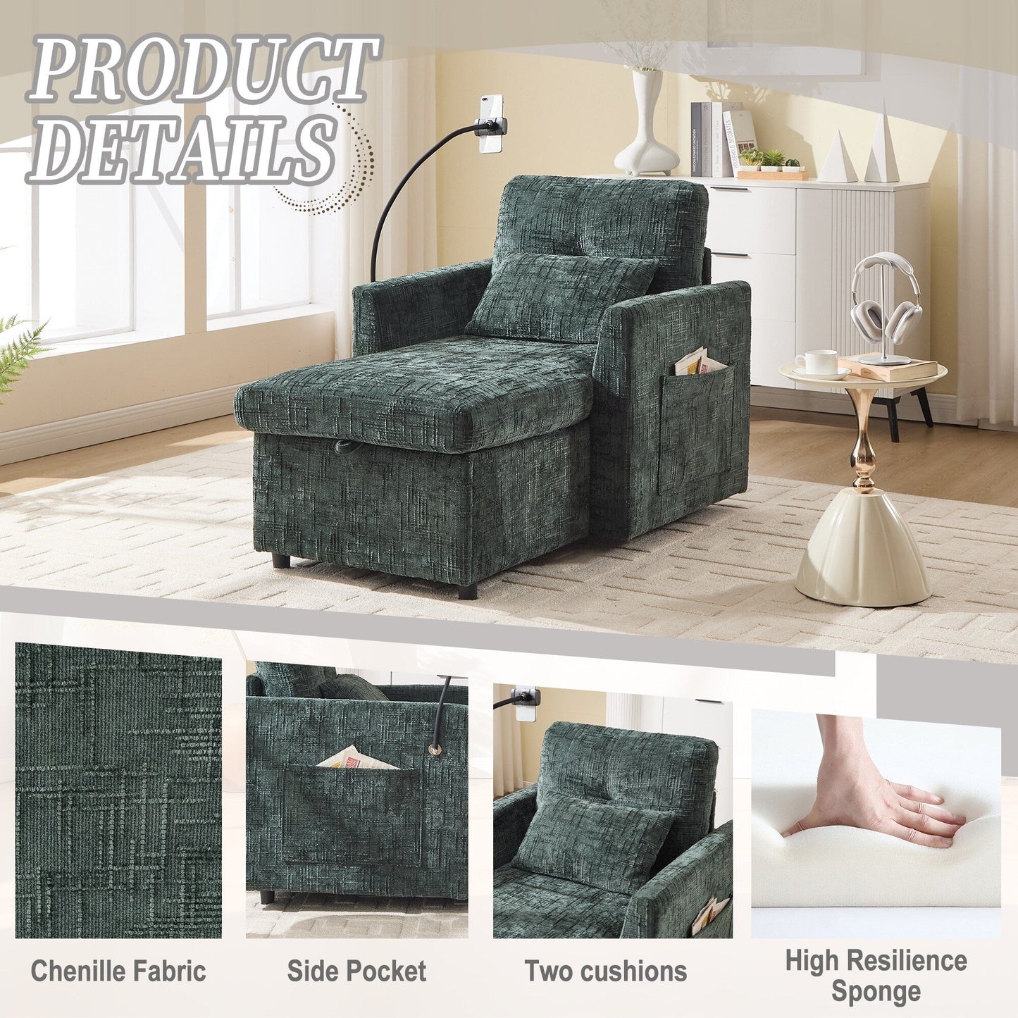 Canapé inclinable multifonctionnel pour personne paresseuse, dossier de rangement avec support pour téléphone portable, chaise de loisirs simple en chenille