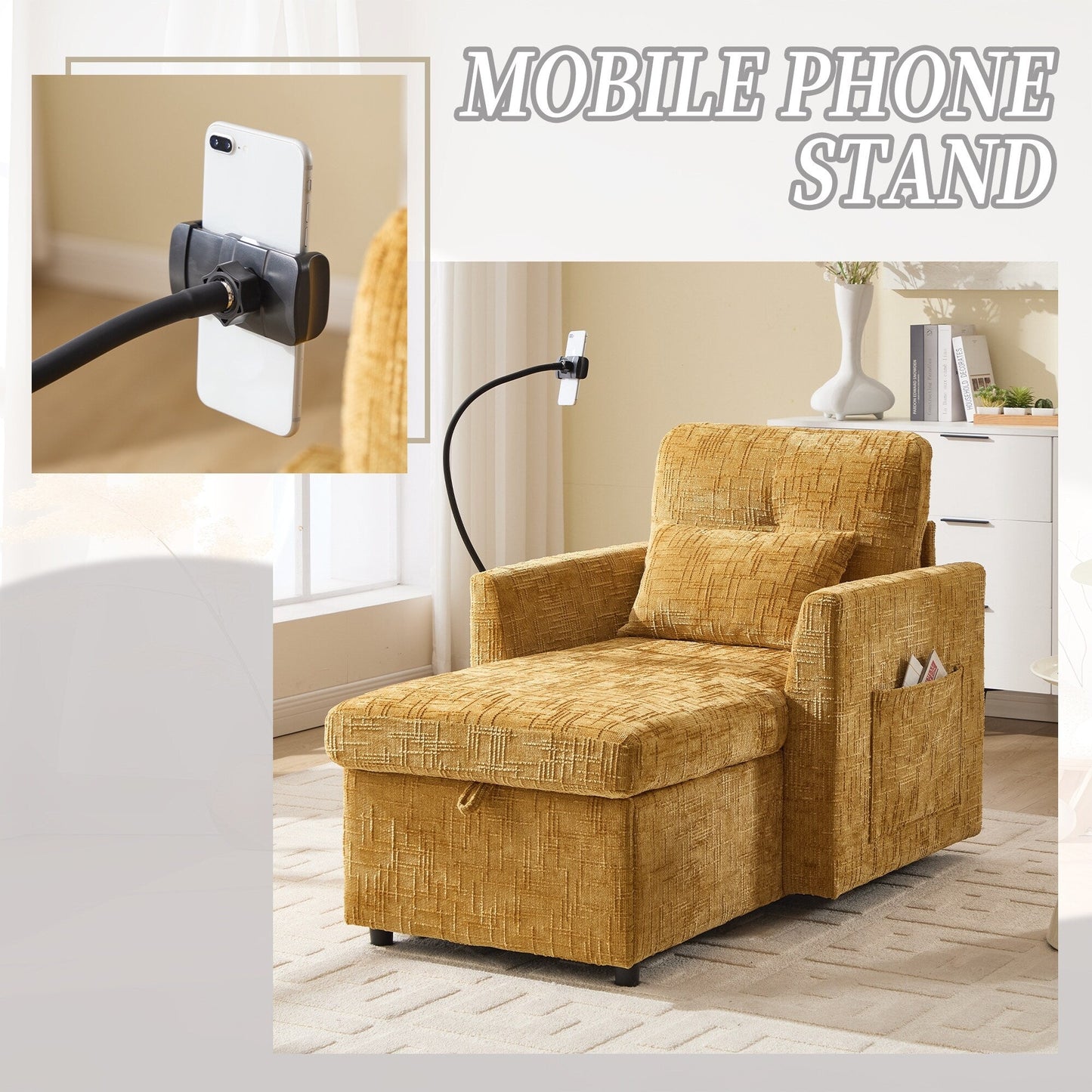 Canapé inclinable multifonctionnel pour personne paresseuse, dossier de rangement avec support pour téléphone portable, fauteuil de loisirs simple en chenille
