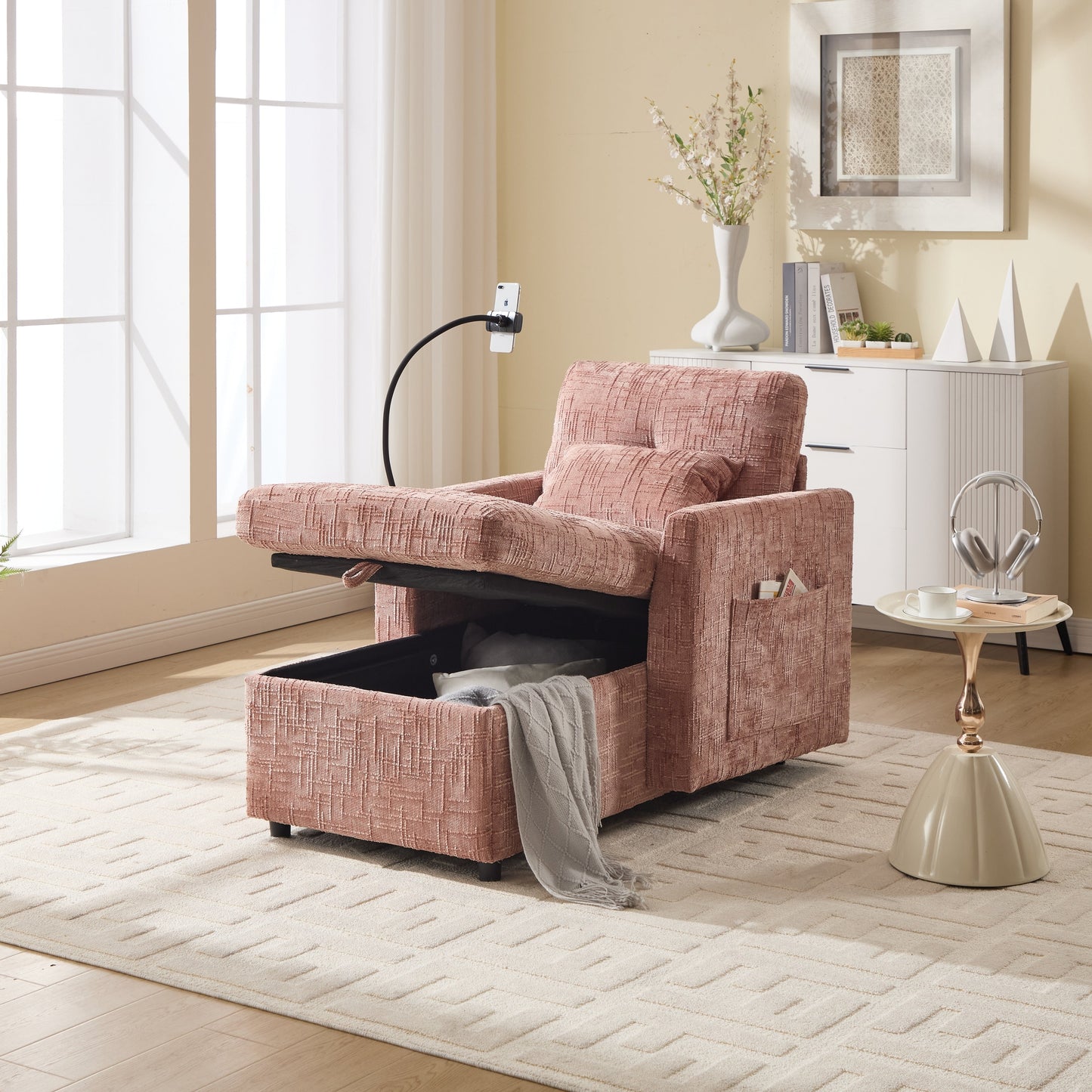 Canapé inclinable multifonctionnel pour personne paresseuse, dossier de rangement avec support pour téléphone portable, fauteuil de loisirs simple en chenille