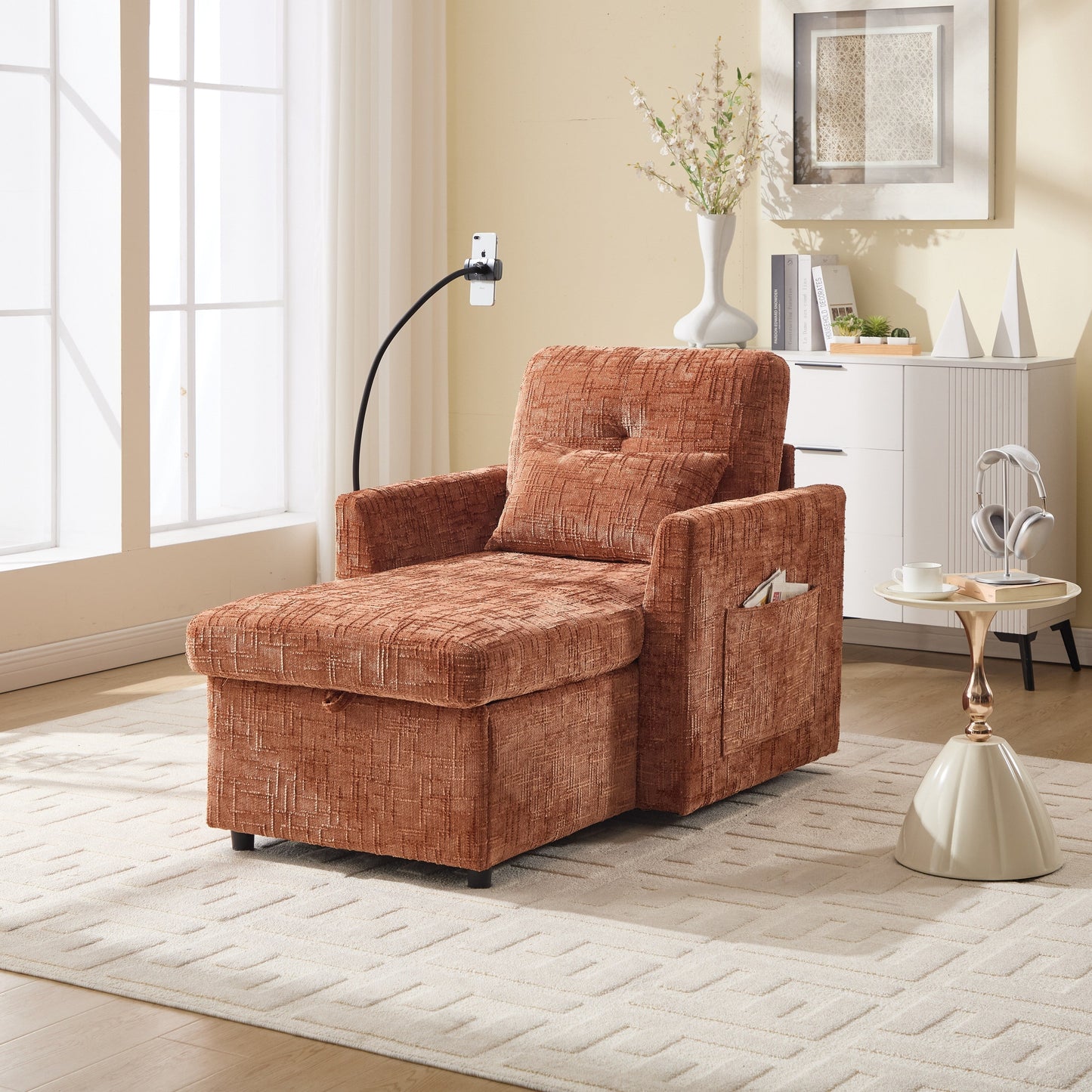 Canapé inclinable multifonctionnel pour personne paresseuse, dossier de rangement avec support pour téléphone portable, fauteuil de loisirs simple en chenille