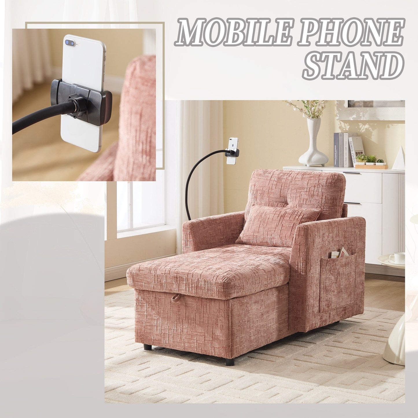 Canapé inclinable multifonctionnel pour personne paresseuse, dossier de rangement avec support pour téléphone portable, fauteuil de loisirs simple en chenille