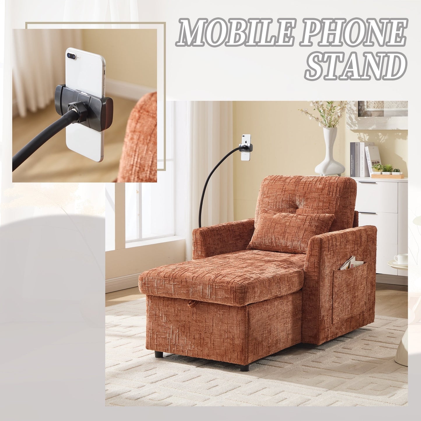 Canapé inclinable multifonctionnel pour personne paresseuse, dossier de rangement avec support pour téléphone portable, fauteuil de loisirs simple en chenille