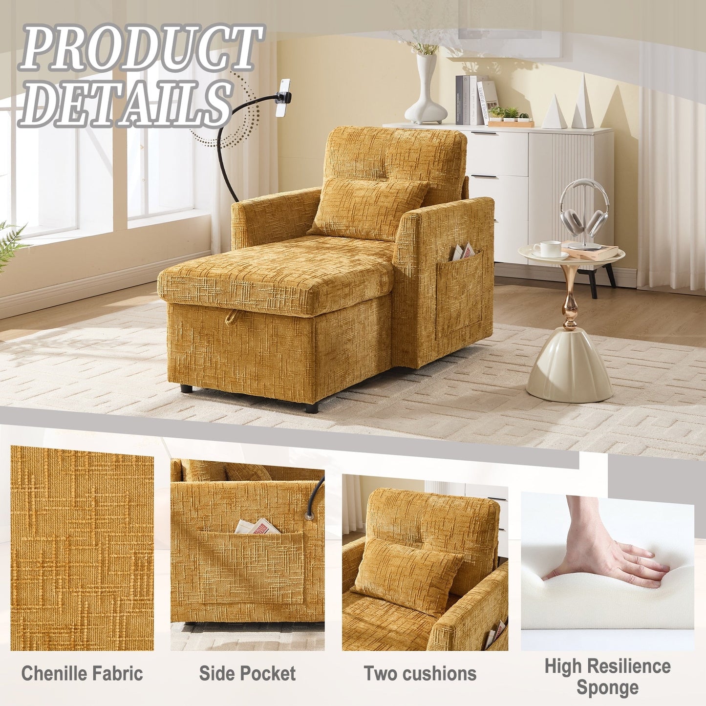 Canapé inclinable multifonctionnel pour personne paresseuse, dossier de rangement avec support pour téléphone portable, fauteuil de loisirs simple en chenille
