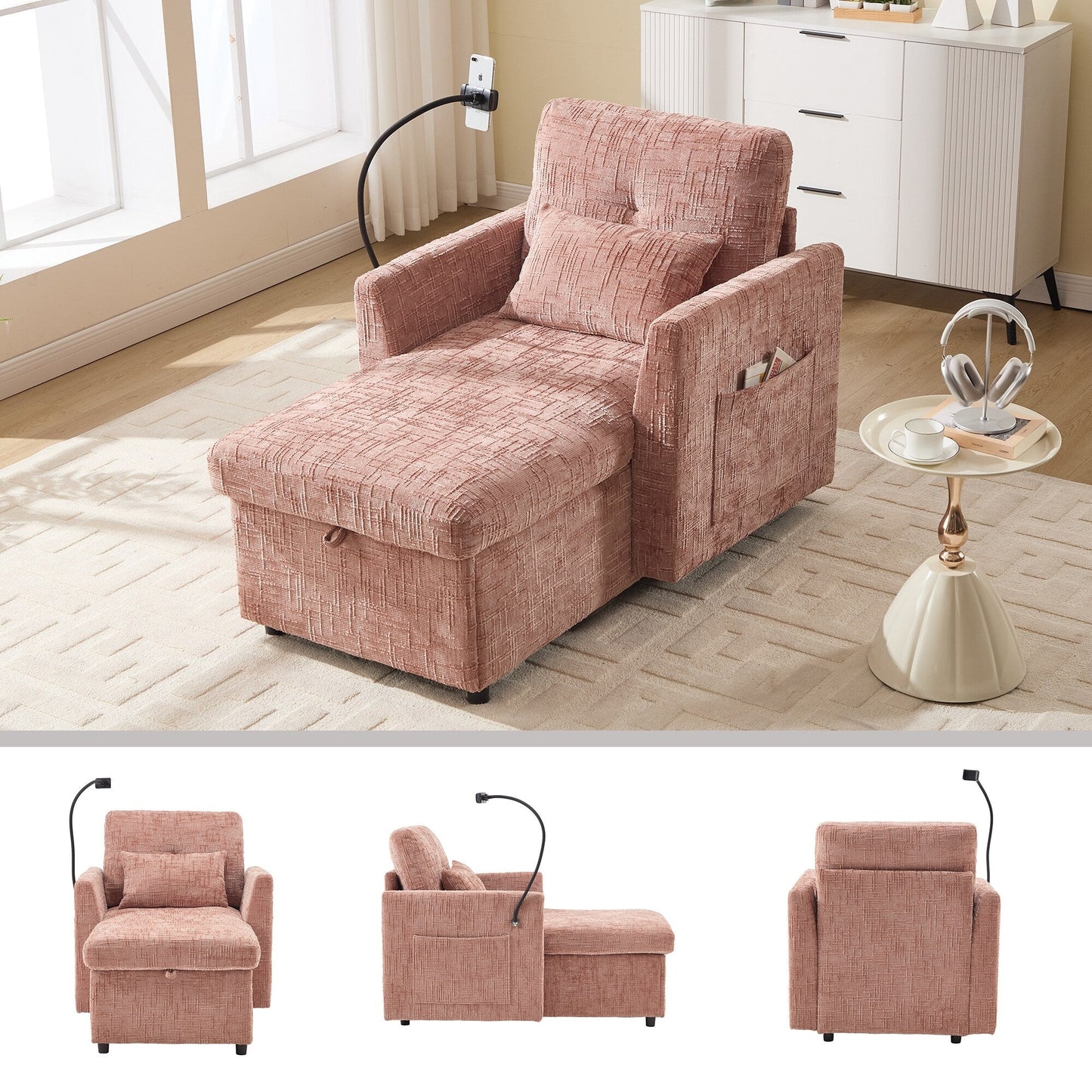 Canapé inclinable multifonctionnel pour personne paresseuse, dossier de rangement avec support pour téléphone portable, fauteuil de loisirs simple en chenille