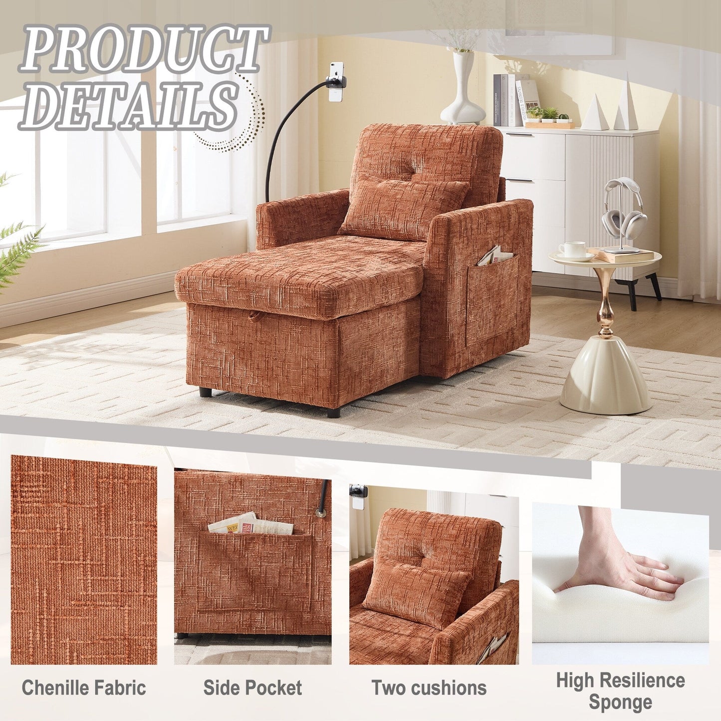 Canapé inclinable multifonctionnel pour personne paresseuse, dossier de rangement avec support pour téléphone portable, fauteuil de loisirs simple en chenille