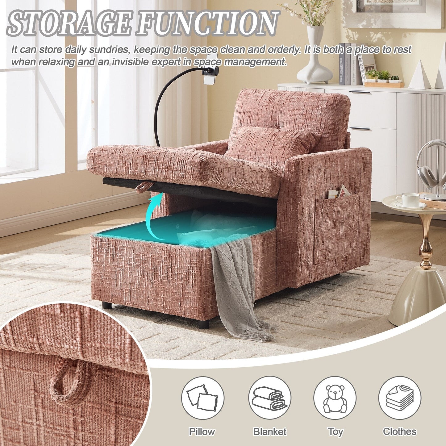 Canapé inclinable multifonctionnel pour personne paresseuse, dossier de rangement avec support pour téléphone portable, fauteuil de loisirs simple en chenille