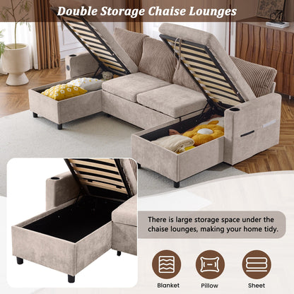 Canapé-lit sectionnel multifonctionnel avec canapé-lit gigogne, deux méridiennes de rangement, ports USB et porte-gobelets pour le salon