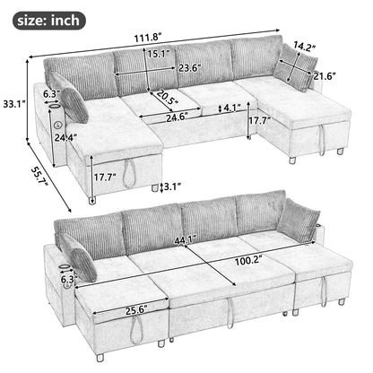 Canapé-lit sectionnel multifonctionnel avec canapé-lit gigogne, deux méridiennes de rangement, ports USB et porte-gobelets pour le salon