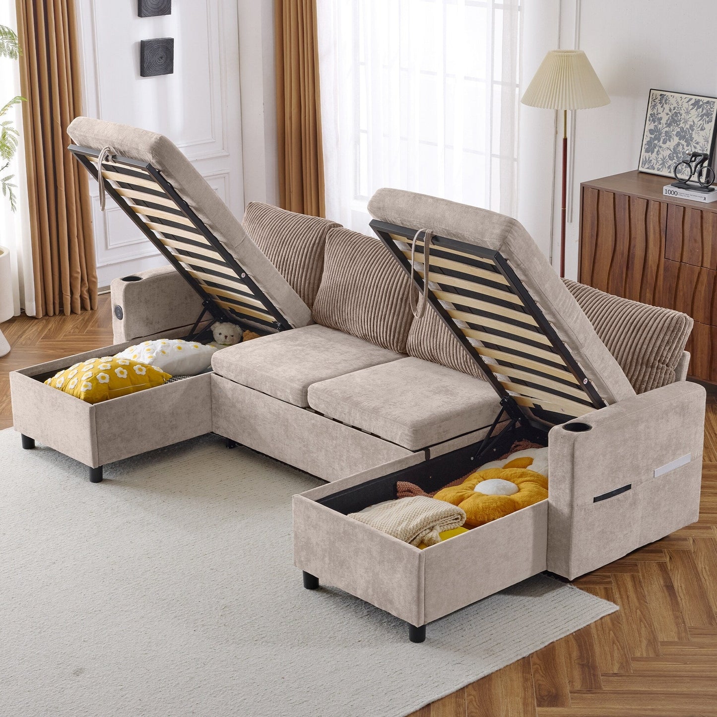 Canapé-lit sectionnel multifonctionnel avec canapé-lit gigogne, deux méridiennes de rangement, ports USB et porte-gobelets pour le salon