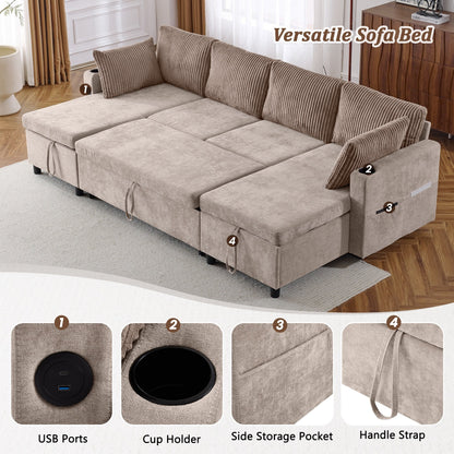 Canapé-lit sectionnel multifonctionnel avec canapé-lit gigogne, deux méridiennes de rangement, ports USB et porte-gobelets pour le salon